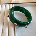 Vintage dark green marble resin bangle bracelet featuring elegant gold-tone stud embellishments - 31# Open Cuff-Green