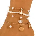 Detailed view of bohemian layered anklets with pearls, shells, and starfish charms - Starfish Shell Multilayer Style (M-492) / Gold