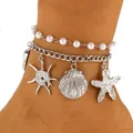 Detailed close-up of a layered silver anklet featuring pearls and nautical charms - Pearl Silver Chain Marine Pendant Double Layer Style (M-521) / Silver