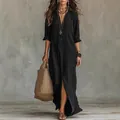 Elegant black long sleeve shirt maxi dress with bohemian accessories and front slit detail - S / Dresses / Black