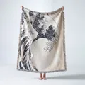 Decorative woven tapestry blanket featuring The Great Wave off Kanagawa artwork with fringe - 130x160cm / Japanese Wave