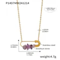 Detailed view of stainless steel amethyst safety pin necklace with dimensions and weight. - Gold Amethyst Stone Safety Pin Necklace