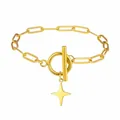 Detailed view of a gold stainless steel chain bracelet with a star charm and toggle clasp. - Four-Pointed Star Pendant with OT Clasp Paperclip Chain / Gold