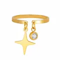 Detailed view of golden stainless steel open ring with dangling star and round zircon charms - Four-Pointed Star and Rhinestone Pendant Open Ring / Gold