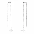 Detailed view of silver stainless steel threader earrings with four-pointed star charms. - Four-Pointed Star Pendant Ear Threader / Steel