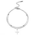 Close-up of a double-layered stainless steel anklet with a four-pointed star pendant - Four-Pointed Star and Bead Double Layer Stacking Bracelet / Steel