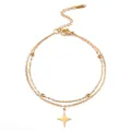 Detailed view of a gold stainless steel double-layer bracelet with a four-pointed star. - Four-Pointed Star and Bead Double Layer Stacking Bracelet / Gold