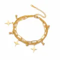 Gold stainless steel double-layer bracelet featuring four-pointed star and bead charms - Four-Pointed Star and Bead Double Layer Chain / Gold