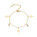 Detail view of gold-plated stainless steel bracelet with four-pointed star charms - 3 Four-Pointed Star Pendants with Rhinestone Charms Single Chain / Gold