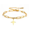 Close-up of a gold stainless steel paperclip chain bracelet with a four-pointed star pendant - Four-Pointed Star Pendant with Single Chain / Gold