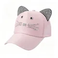 Detailed close-up shot of a pink cat ear baseball cap with sparkling rhinestone whiskers - Pink / Adult Size Adjustable 58cm Hood Circumference