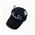 Close-up detail of black baseball cap with rhinestone cat ears and face - Black / Adult Size Adjustable 58cm Hood Circumference