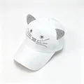 Close-up detail of a white baseball cap featuring sparkling rhinestone cat ears and face. - White / Adult Size Adjustable 58cm Hood Circumference
