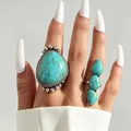 Vintage bohemian turquoise ring set featuring a large teardrop stone in silver finish - 2-Piece Water Drop Vintage Rings (04) / Turquoise Blue