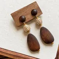 Handmade ethnic style drop earrings featuring dark wood beads and woven rattan balls - 1# Silver Pin-Coffee