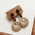 Vintage ethnic style earrings with wooden beads and round rattan woven pendants - Rattan Ring Wooden Style (25#)