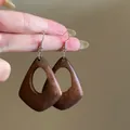 Vintage dark brown geometric hollow wooden drop earrings with elegant silver hooks - Geometric Trapezoid Style (2#) / Brown