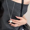 Korean style minimalist silver necklace featuring a large pearlescent heart-shaped pendant - Necklace #13 - Silver - Heart
