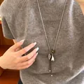 Elegant silver long sweater chain necklace with teardrop and metallic bead pendants for women - Necklace #39 - Silver - Brown - Teardrop
