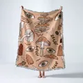 Couverture tissée bohème avec des motifs surréalistes de champignons et d'yeux à franges - Jaune Chaud Champignon Œil (XT2022-2) / 130x160cm