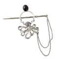 Detailed view of a vintage silver octopus hair pin with a black stone and double chain - Retro Silver (1)