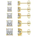 Set mit 5 Paaren vergoldeten quadratischen Zirkonia-Ohrsteckern in verschiedenen Größen - 4-Klauen-Quadrat-Stil / 5 Paar Set (3-7mm) / Gold