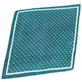 Detail view of a teal pleated satin square scarf featuring white polka dots on white background. - Polka Dots - Dark Green / Wrinkled Silk Scarf