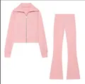 Ensemble jogging rose en polaire deux pièces avec veste zippée et pantalon évasé assorti - Ensemble de Bijoux Rose
