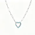 Collana a catena trombone d'argento con un ciondolo a cuore in pavé di zirconi blu - Lunghezza catena 40cm / Placcato Platino con Zirconia Turchese