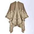 Retro ethnic style warm knitted poncho shawl with beige turtle jacquard on brown background - Cut-out Butterfly Khaki / 130x150cm