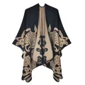 Vintage ethnic style jacquard knitted poncho shawl in black and tan finish - Cut-out Butterfly Black And Camel Color / 130x150cm