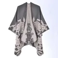 Vintage ethnic style women's thick warm knit shawl with turtle jacquard pattern in gray - Cut-out Butterfly Gray / 130x150cm