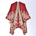 Thick vintage ethnic style jacquard knit poncho shawl in red and beige for women - Paper-cut Butterfly Big Red / 130x150cm
