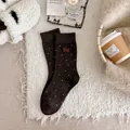 Warm brown cashmere crew socks featuring cute puppy embroidery and white polka dots. - Dark Coffee (1 Pair) / One Size