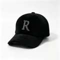 Detailed view of black fuzzy baseball cap with sparkling rhinestone letter R emblem. - Adult Size (58cm, Adjustable) / R Black