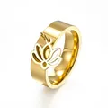 Elegant gold-plated stainless steel band ring with a hanging lotus flower charm pendant - Lotus Ring (Size 7) / Gold