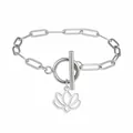 Silbernes Edelstahl-Armband mit Büroklammerkette und filigranem Lotusblumen-Anhänger. - Lotus-Fußkettchen (OT-Verschluss) / Stahlfarben