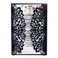 Carte d'invitation de mariage élégante en dentelle noire découpée au laser avec fleurs - Noir