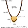 Detailed view of stainless steel heart necklace with leopard silk scarf band. - Gold Full Heart Style (P1459)
