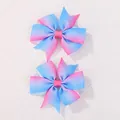 Beautiful set of two children's gradient pink and blue grosgrain ribbon bow hair clips - Pink Blue Gradient (2A-12)