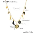Gold plated stainless steel necklace with multi-charms and zircon details - P1315 - Gold Black Zircon Enamel Multi-accessories Necklace