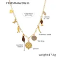 Detailed view of gold-plated multi-charm necklace with zircon and fish charms - P1315 - Gold And Brown Enameled Multi-accessories Necklace