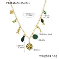 Gold-plated stainless steel necklace featuring evil eye, fish charms and zircons. - P1315 - Golden Green Zircon Glazed Multi-accessories Necklace