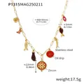 Stainless steel O-chain necklace with zircon pendant and various colorful charms - P1315 - Golden Red Zircon Enameled Necklace With Multiple Accessories