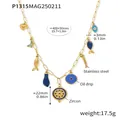 Gold plated stainless steel multi-charm necklace with evil eye, fish and zircon accents - Gold Blue Zirconia Enamel (P1315)
