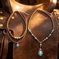 Ensemble de colliers bohèmes rétro avec turquoise et perles de bois sur cuir marron - Kit N2607-t2