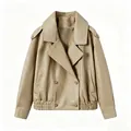 Front view of a stylish loose-fit faux leather biker jacket with large lapels. - Khaki / XS