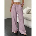 Pantalon décontracté lavande texturé à jambes larges et cordon pour femmes - S / Bas / Rose Foncé