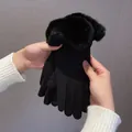 Elegant black winter gloves for women featuring soft faux fur trim and touchscreen fingers - S050 Black - U-shaped Opening / One Size