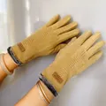 Soft mustard yellow women's winter gloves with faux fur trim and touchscreen fingers - One Size / Triple-line Stitching Style / Khaki